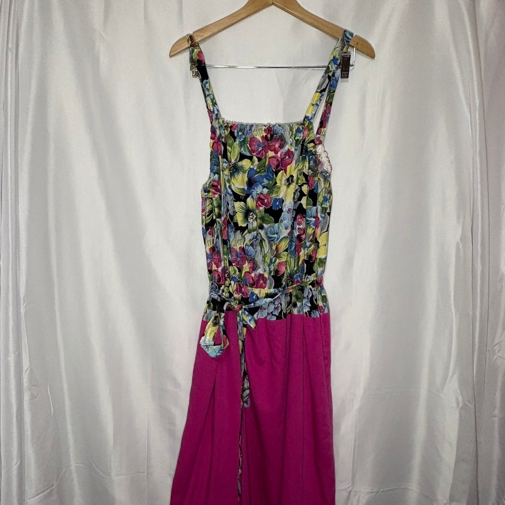 Vintage 90s Handmade Floral Pink Midi Maxi Dress Elastic Waist Pintuck Hem